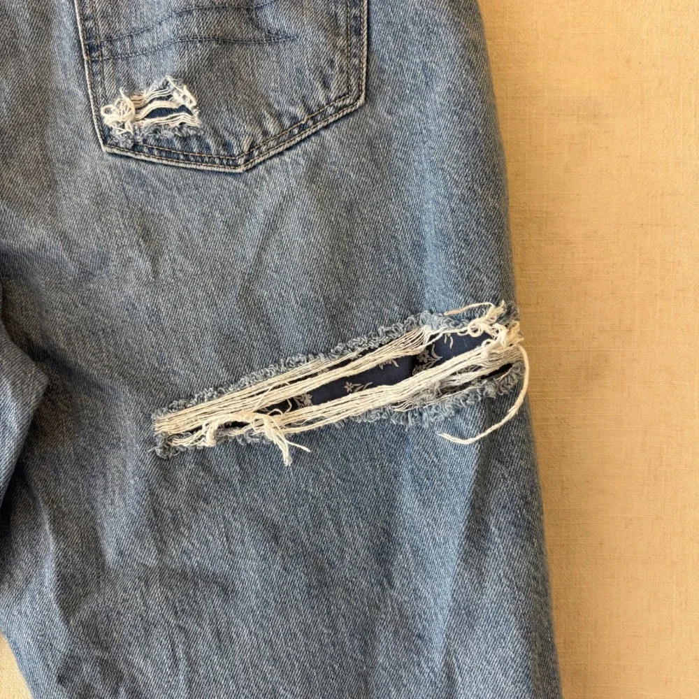 American Eagle Mom Straight Jeans Women 16 Blue Patchwork Distressed High Rise